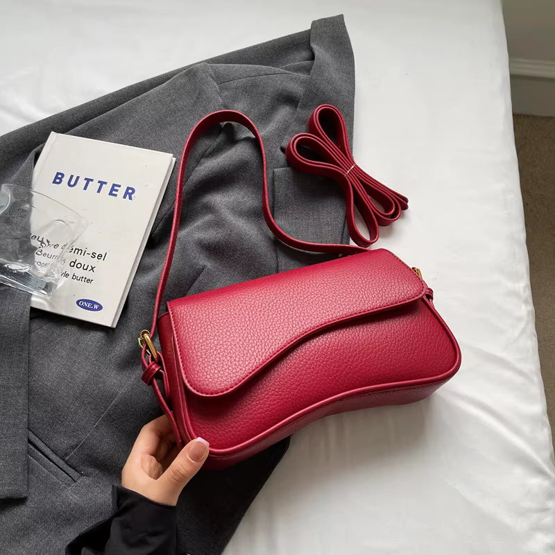 Vintage PU Leather Crossbody Bags for Women Red Lychee Pattern Flap Shoulder Bag Simple Fashion Satchels Handbags and Purses