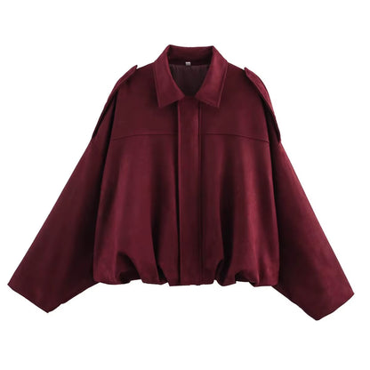 New 2025 Women Suede Textured Bomber Jacket Long Sleeve Lapel Collar Loose Coats Casual Female Outerwear Chic Tops