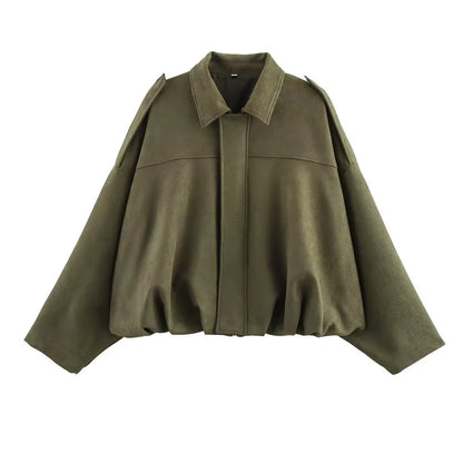 New 2025 Women Suede Textured Bomber Jacket Long Sleeve Lapel Collar Loose Coats Casual Female Outerwear Chic Tops